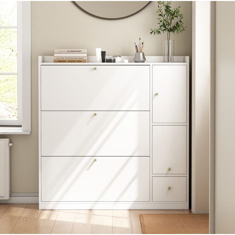 Zapatero de aglomerado blanco 119 x 24 x 122 cm con 3 puertas abatibles, cajón, hueco y banco plegable (1/5)