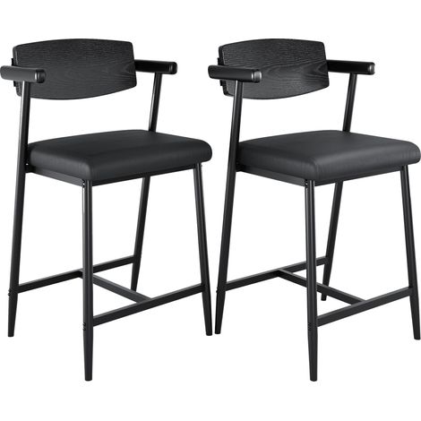 Tabourets de bar noir 66 cm (2 pcs), dossier en bois, accoudoirs, repose-pieds, assise similicuir rembourrée, cadre métal solide (1/5)
