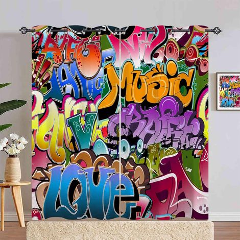 Rideau Occultant Coloré Hippie Ville Graffiti Rideau Thermique Isolant Draperies Intérieurs Tenture Opaque à Oeillets pour Maison Chambre Salon Fenetre 2 Pièces L 140 x H 240 cm - 140L X 240H cm (2 Pa (1/5)