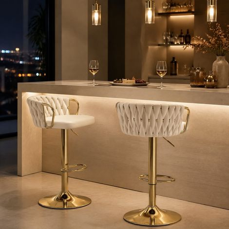 Tabourets de bar lot de 2 49,5x50,5x98 cm en métal et velours blanc, moderne pour cuisine FloraGrace (1/5)