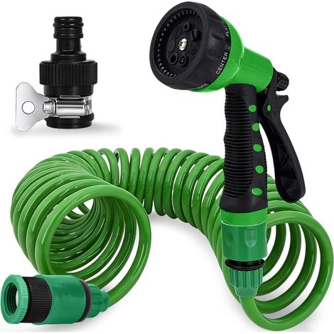 Tubo da giardino estensibile da 7,5 m, flessibile, con 7 modalità di irrigazione e raccordi universali, avvolgitore a spirale per piccoli spazi, ideale per irrigazione e pulizia. (1/5)