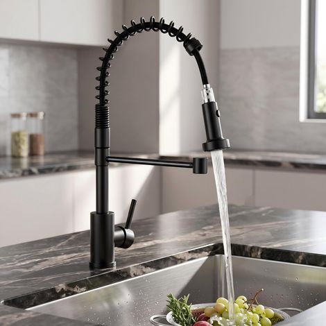 Mitigeur de Cuisine Noir avec Douchette Extractible à Ressort, Robinet d'Évier Pivotant à 360° en Laiton Eau Chaude et Froide 2 Jets (1/5)