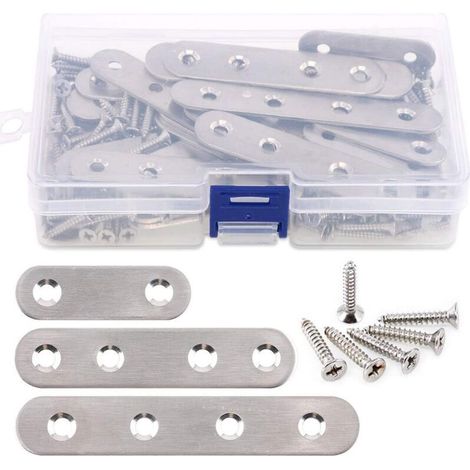 Lot de 35 supports droits plats en acier inoxydable de 3,7 cm, 5,7 cm, 9,7 cm, pour réparation de plaques de jonction et 80 vis, 115 pièces au total - Argenté (1/5)