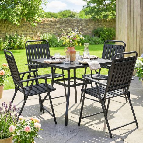 Juego de 4 Sillas de Jardín Exterior Plegables con Reposabrazos Respaldo y Asiento Marco Metálico 55x63x93 cm Negro (1/5)