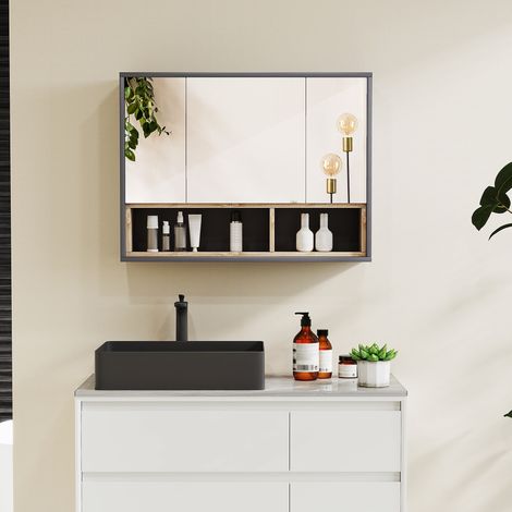 Meuble salle de bain avec miroir. armoire toilettes murale avec placards à 3 portes et 8 compartiments. gris