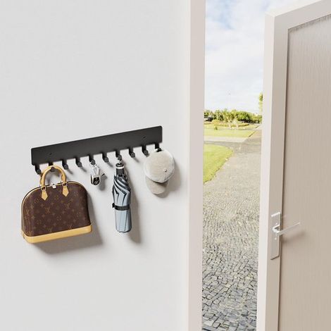 Portachiavi da parete - Gancio portachiavi - Organizzazione domestica - Autoadesivo o da forare - Lunghezza 35 cm - Nero (1/5)