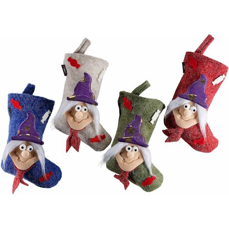 Calze Befana in panno con decorazioni rilievo da appendere, set da 4 pezzi, cm 16 x 23,5 H