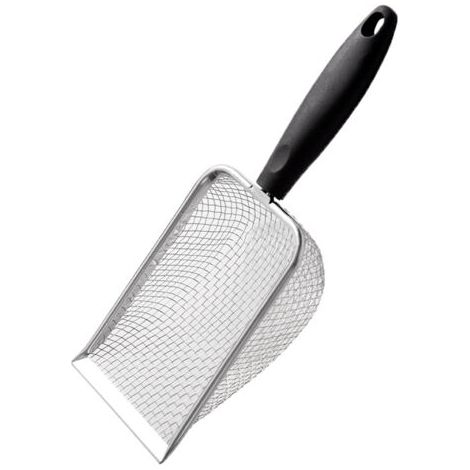 Pelle à litière pour chat en maille d'acier inoxydable, pelle profonde avec long manche et revêtement antiadhésif, pelle à litière en métal pour bac à litière pour chat, lève-déchets pour animaux de c (1/5)