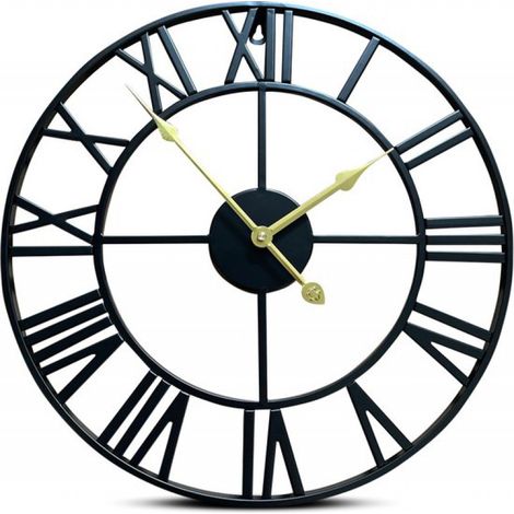 Grande horloge murale en métal noir avec chiffres romains et aiguilles dorées – Design élégant et intemporel – 40 cm (1/5)