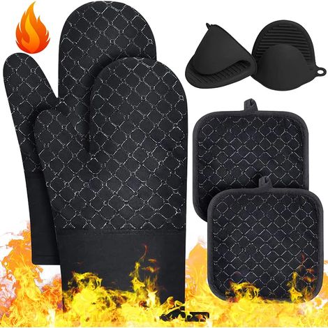Gants de Four, 6 PCS Gants de Four et Maniques, Gants de Barbecue Anti-Chaleur Jusqu'à 500°C, Gants et Maniques Four de Antidérapants pour Gril, Adaptés pour la Cuisson, Le Grillage, Noir (1/5)