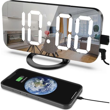 Réveil LED avec double sortie USB, chargement de téléphone portable, réveil miroir avec fonction snooze, horloge numérique créative et horloge électronique à gradation activée par capteur. (1/3)