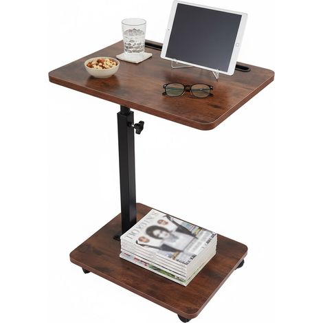 Relaxdays Tavolino a C regolabile 48-84 cm, da infilare sotto il divano, con ruote, stile industriale, marrone