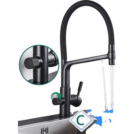 Rubinetto da cucina, struttura in ottone resistente, funzionamento a doppia maniglia, nero C (1/2)
