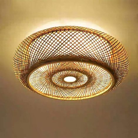 Plafonnier LED Style Bambou Lampe pendante LED tissée à la main E27 Lampe de plafond rétro Lampe en rotin Eclairage en bois Lampe de plafond Style maison de campagne 40 cm