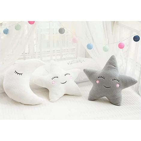 Coussin doux en peluche en forme d'étoile, lune et nuage, coussin frais pour lit, bureau, canapé, siège auto, accessoires de fête (Lune (53 x 30 cm), blanc) (1/4)