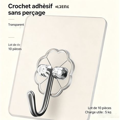 10 crochets adhésifs transparents résistants 5 kg, fixation sans perçage, crochets muraux invisibles pour meubles et murs - Transparent (1/5)