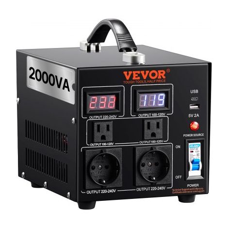 2000W Spannungswandler Transformator AC 110V⇋220V Transformer Wandler 2x US NEMA 5-15R 3-polige/2x standardmäßige europäische Shucko-Ausgangssteckdosen, 1x 5V-USB-Anschluss, 1x Typ-C-Buchse (1/5)