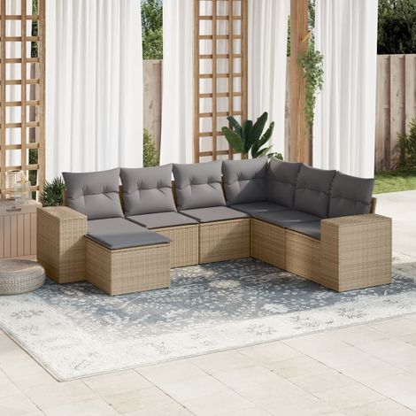 7-tlg. Garten-Sofagarnitur mit Kissen Beige Poly Rattan (1/3)