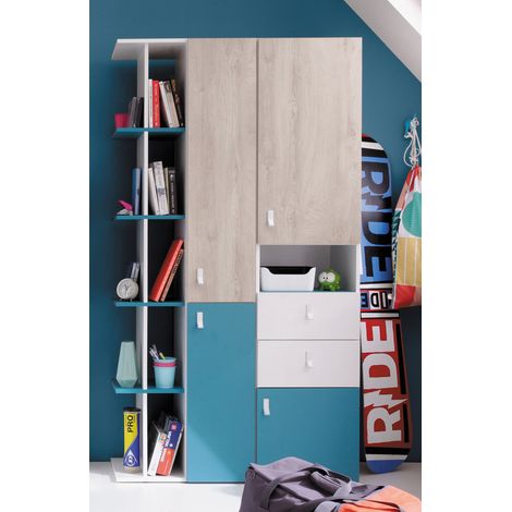 Jugendzimmer Schrankset 2-teilig PITTSBURGH-133 in weiß mit Eiche und blau (1/5)