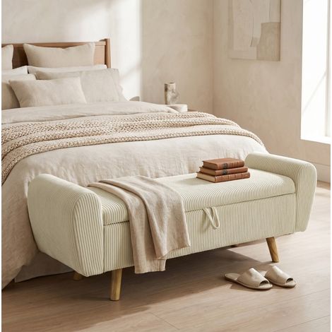 Panca contenitore 120 cm in tessuto a coste beige, 220 kg OKMYHOME (1/5)