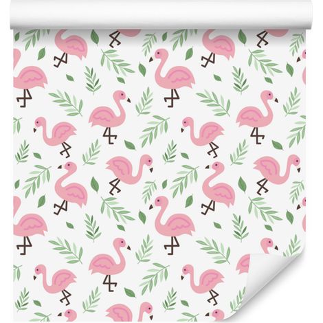 Papier peint flamants roses blanc, rose poudré et gris clair 50x1000 cm (1/5)