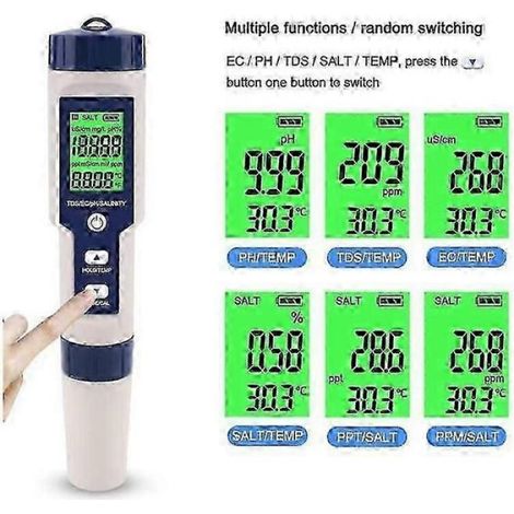 Testeur Salinite - Numérique 5 en 1 Etanche IP67 - Pour Piscine Eau Salee - Conductivite TDS pH - Precision ±0,05 pH - 0,00 à 25,00 % - 1 Unite (1/5)