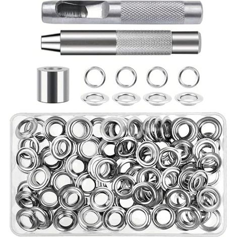 100 Pièces Ensembles Oeillets, 6 mm Œillets en Métal, Oeillets Couture avec 3 Pièces D'installation, Kit Oeillet pour Toile Bâche Tente de Réparation Argent (1/5)
