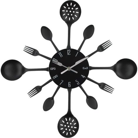 Bardusch Horloge murale en métal de 40,6 cm - Couverts de cuisine - Cuillère - Fourchette - Horloge murale créative et moderne - Décoration d'intérieur (noir) (1/5)