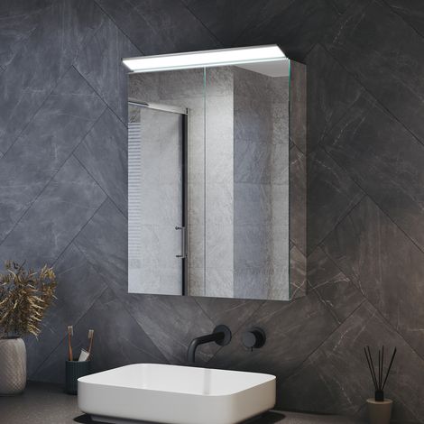 SIRHONA Armoires murales de salle de bain avec miroir lumineux 8K et charnières hydrauliques, double porte 520x650mm en acier inoxydable