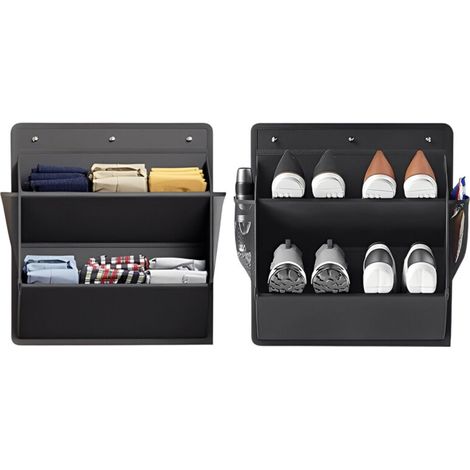 Sac de rangement pour chaussures à fixer au mur - Sac de rangement double couche - Multifonctionnel pour chaussures, chapeaux et jouets - Tissu Oxford - Noir - 46,5 x 43 cm - Lot de 2 (1/5)