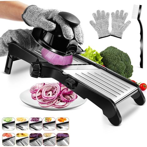 Affettatrice mandolina da cucina regolabile in acciaio inox, affettatrice mandolina professionale con lama affilata integrata, mandolina multifunzione con diversi spessori per affettare, julienne e wa (1/5)