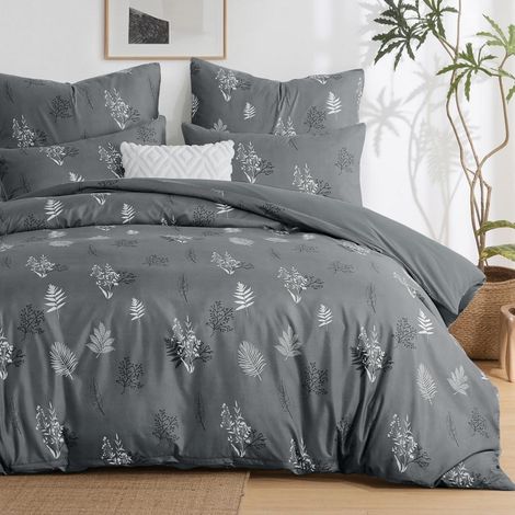 Bettwäsche-Set 200x200cm 3-teilig Mikrofaser mit Blumenmuster Grau, ÖKO-TEX