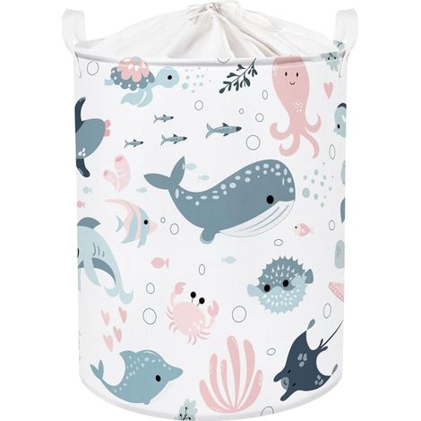 Corbeilles à Linge Animaux Marin Sirène Requins Bulles Paniers à Linge Sale Enfant Pliables Rond Blanc Jouets Vêtements, Baleine Rose, 36x45 cm (1/5)