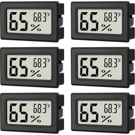 Juego de 6 mini higrómetros y termómetros digitales para interiores, ideales para reptiles, terrarios, frascos y refrigeradores. Material: plástico, color negro. (1/5)