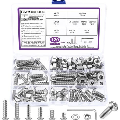 120 Pcs M8 Set di Vis et Écrous,Assortiment de Vis À Tête Creuse Hexagonale Jeu de Vis, Écrous et Rondelles à Tête Ronde à Six Pans Creux Argentés et Clés,Acier Au Carbone 10.9 (1/5)