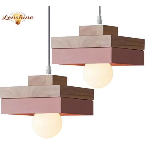 LONSHINE 2PCS Suspension Moderne Carré Abat-jour en Bois et Métal Rose E27 Luminaire Lustre Chambre Éclairage de Plafond pour Salon (1/5)