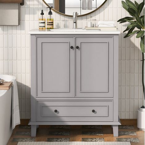 Badezimmermöbel mit Waschtisch 76 x 46 x 87 cm, grau, mit Stauraum und Holzfüßen HAVRYA (1/5)