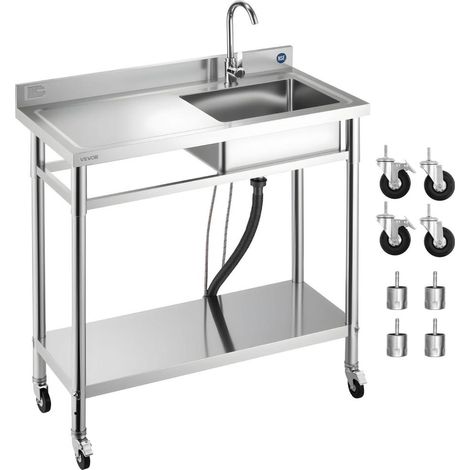 Acier inoxydable durable nettoyage aisé évier sur pied 1 cuve avec étagère et robinet pour buanderie restaurant garage (1/5)