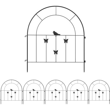 Clôture de jardin en acier 5 panneaux 300x70 cm – Panneau décoratif à motifs papillons/oiseaux, arc élégant, montage sans outil – Idéal pour chiens, massifs et parterres – Noir