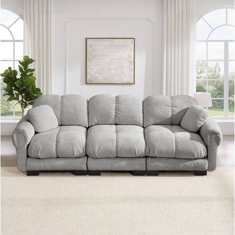 Canapé Cloud 3 places en chenille gris clair avec 2 coussins décoratifs OKWISH (1/5)