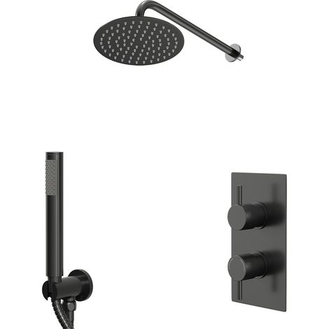 Colore Round Gunmetal Grey Concealed Triple Thermostatic Shower Valve with Diverter and 200mm Fixed Head with 345mm Wall Arm and Outlet Holder with Kit - 2 Outlet (1/5)