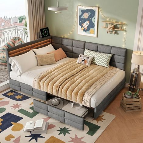 Canapé Lit 140x190 cm avec Éclairage LED et Prise USB, Cadre de Lit double avec Rangement et 2 Tiroirs, Lits 2 Places avec sommier à Lattes en Bois, pour Enfant/Adulte, sans Matelas, Lin, Gris