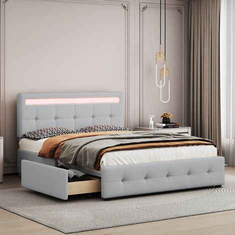 Lit capitonné 140 x 200 cm LED, sommier à lattes + coffre rangement sur roulettes, 4 tiroirs, lin doux, lit enfant/junior/d'appoint gris (1/4)