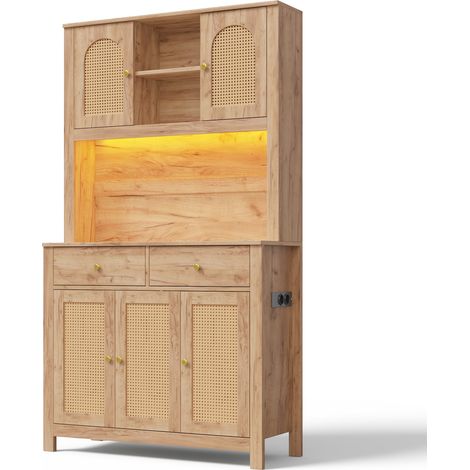 Credenza alta da cucina in MDF con LED RGB, prese e 2 cassetti, 100 x 40 x 180 cm, naturale (1/5)