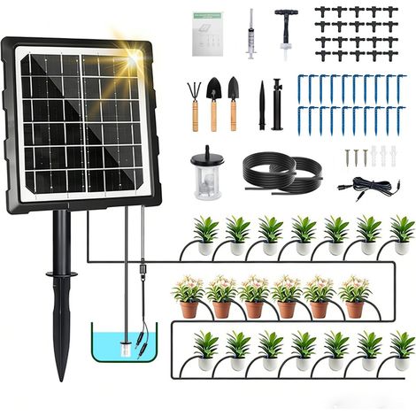 Système d'irrigation solaire automatique pour 20 plantes en pot, système d'irrigation automatique de jardin avec tuyau goutte à goutte de 20 m, arrosage goutte-à-goutte pour plantes en pot, jardin (1/5)
