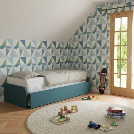 Letto singolo con letto estraibile, trasformabile in matrimoniale. Testate personalizzabili, reti in acciaio e doghe in faggio - Verde Petrolio