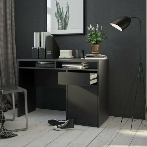 Escritorio Dmora Linear con una puerta y un cajón, color negro, 110,2 x 77,4 x 48,2 cm, con embalaje reforzado (1/5)