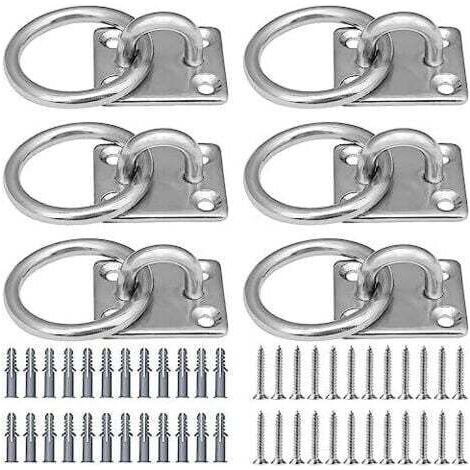 Set mit 6 Edelstahlösen, quadratischen Ösen mit silbernem Ring, Deckenhaken mit 24 Schrauben und 24 Dübeln, für Yogaseile und mehr