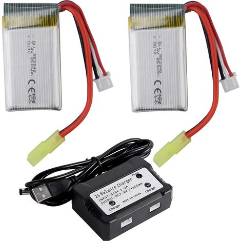 2PCS 7.4V 850mAh Batterie et 1PCS 2en1 Chargeur pour 9300 9301E 9302E 9303E 9034E 9305E 9310 9201E 2.4G 1:18 Télécommande Pleine échelle à Quatre Roues motrices Batterie de Voiture (1/5)