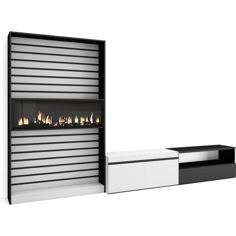 Skraut Home - Ensemble Meuble TV, Meuble Salon Complet, 310x186x35cm, Pour les TV jusqu'à 80", Cheminée électrique, Style moderne, Blanc et noir (1/5)
